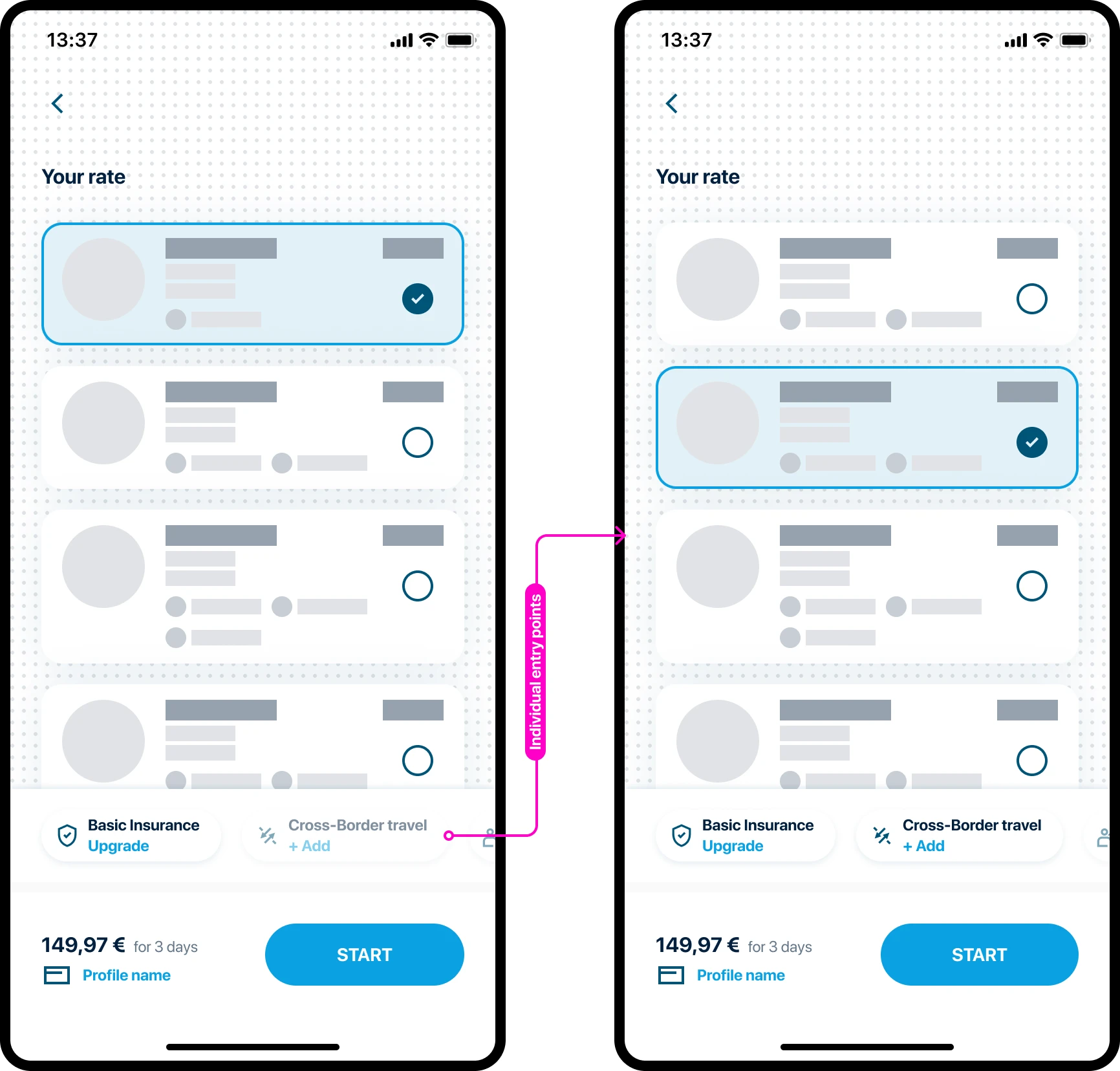 Extras Pills wireframe approach