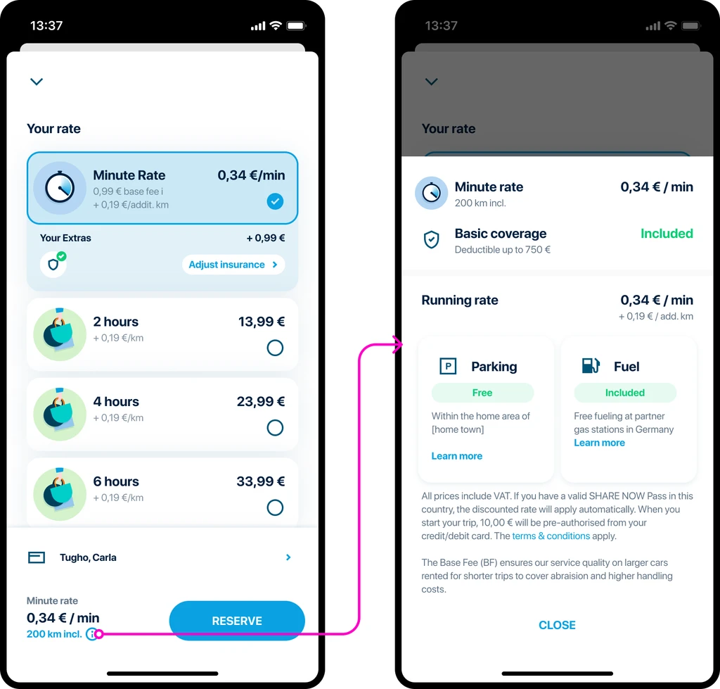 Secondary action surface showing cost transparency and driving rules
