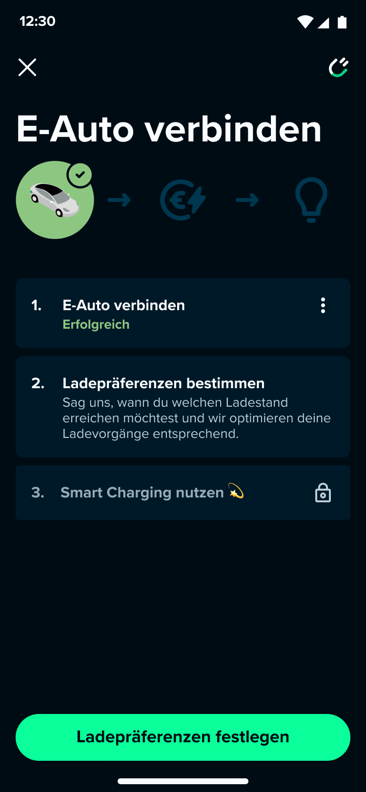 V1 step 2: charging preferences with CTA at bottom of screen