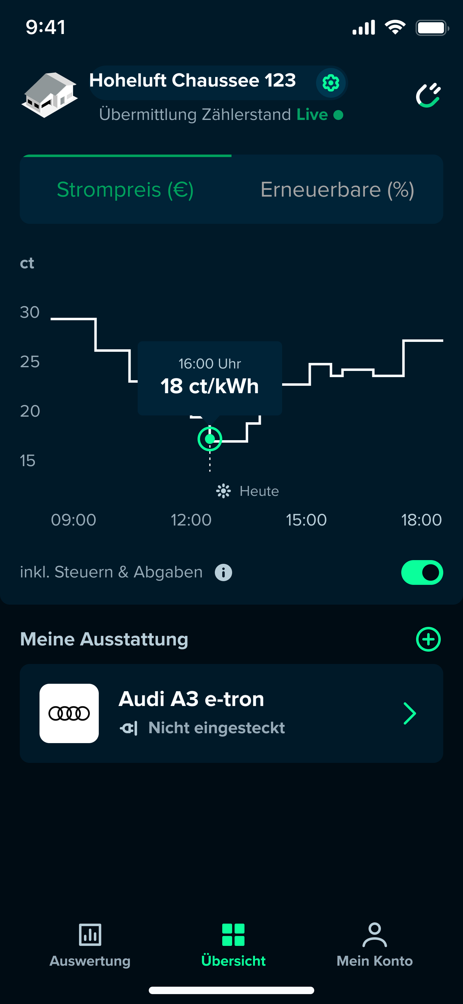 Dashboard with EV connected, Smart Charging inactive
