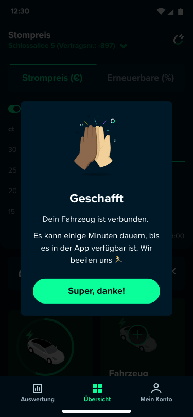 Home screen success modal, EV connected
