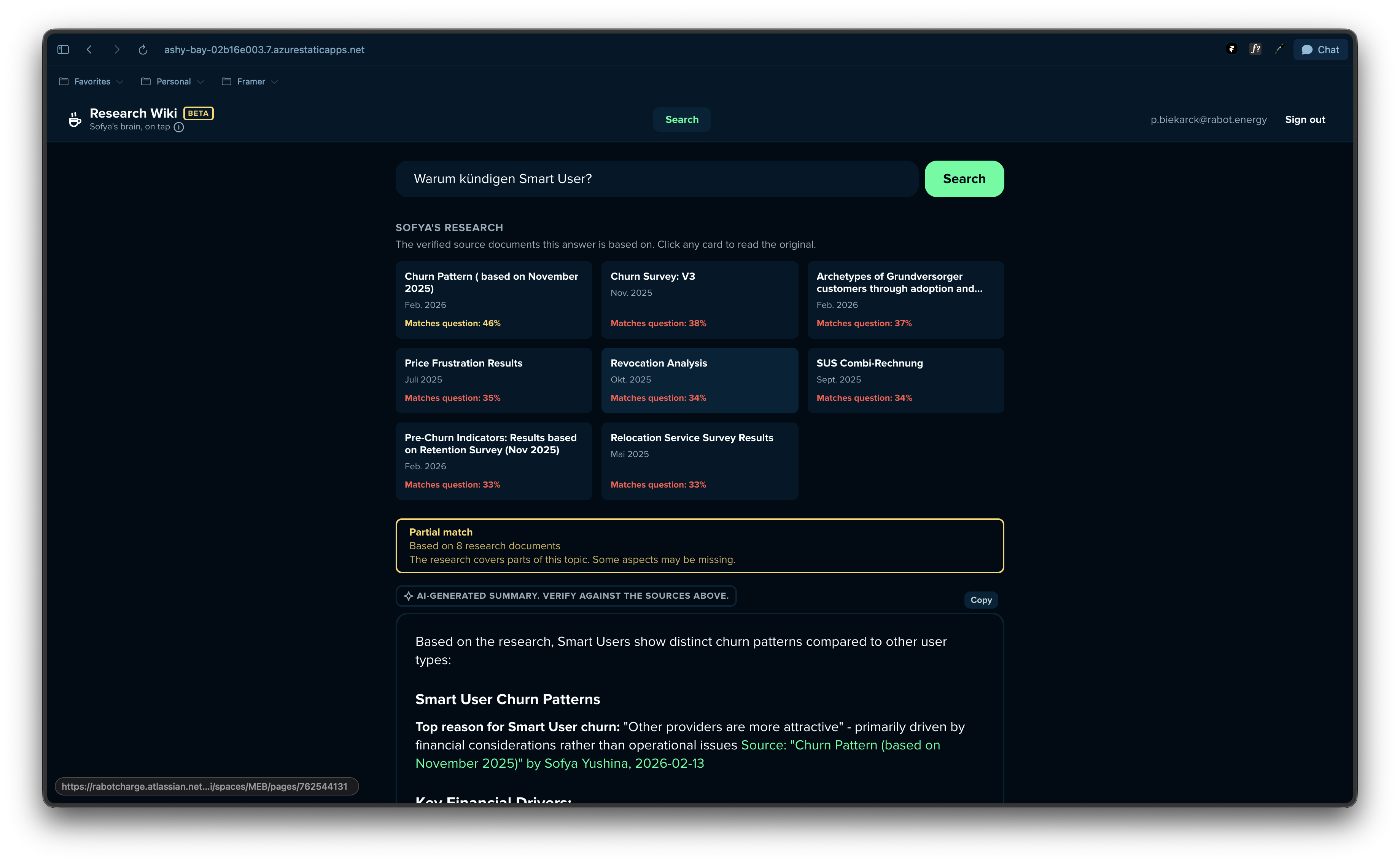 Research Wiki results view showing confidence indicators and source citation chips